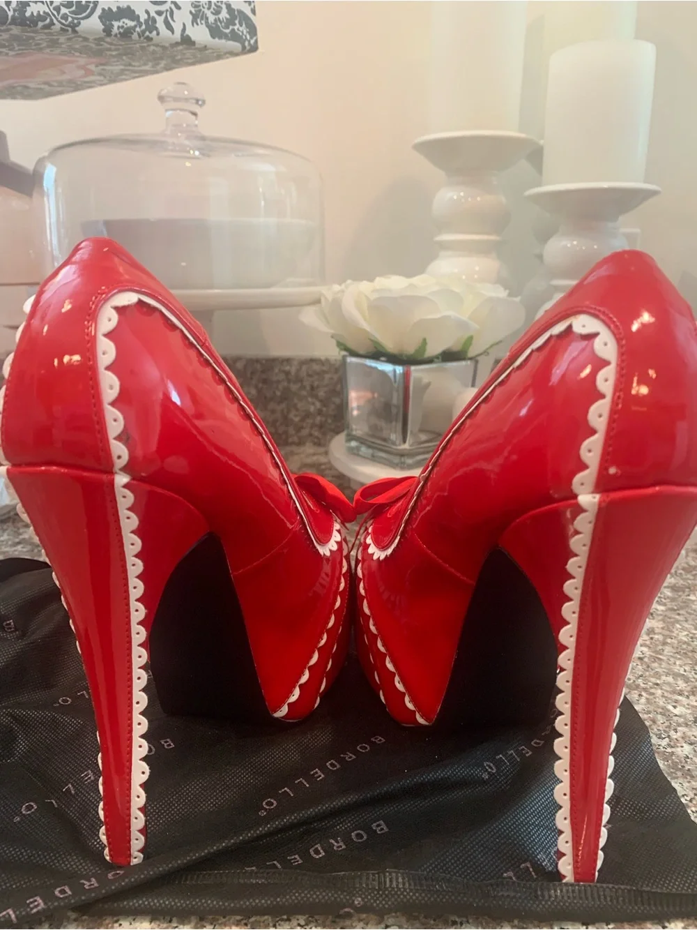 Pleaser Red Patent Platform Pumps with White Scallop Trim and Bow